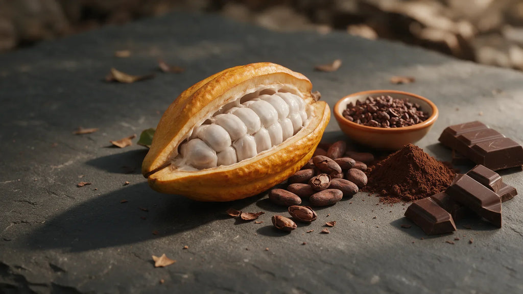 A split yellow cacao pod showing pulp-covered beans beside fermented cacao beans, a bowl of cacao nibs, cocoa powder and dark chocolate on slate.