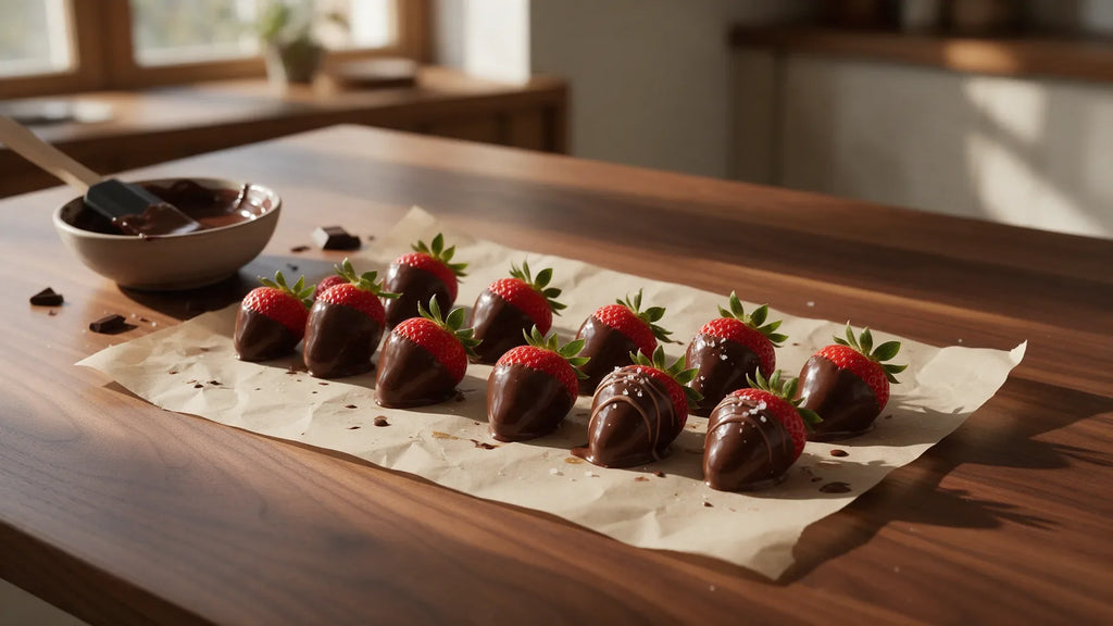 Strawberries dipped in glossy dark chocolate setting on parchment paper, some with a milk chocolate drizzle, beside a bowl of melted chocolate.