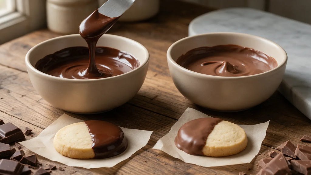 Two bowls of melted chocolate: glossy couverture flowing from a spatula on the left, thicker compound coating on the right, with a half-dipped shortbread cookie in front of each.