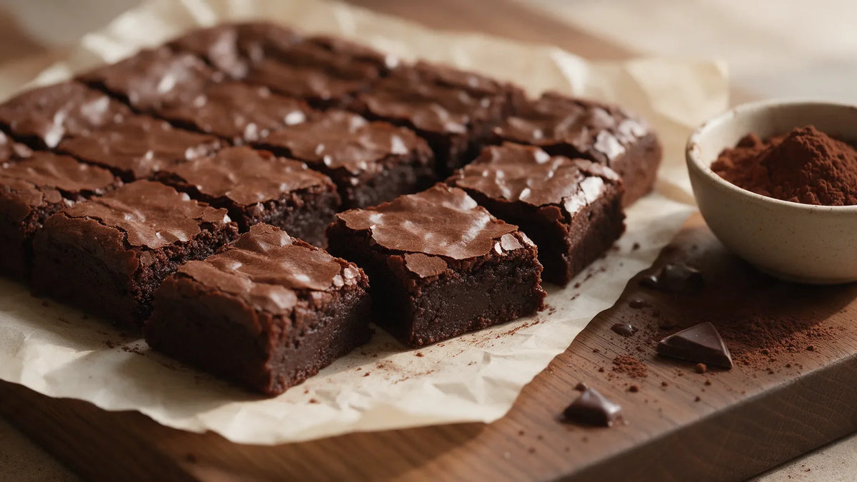 Fudgy brownies cut into squares with shiny, crackly tops on parchment paper, next to a small bowl of dark cocoa powder.