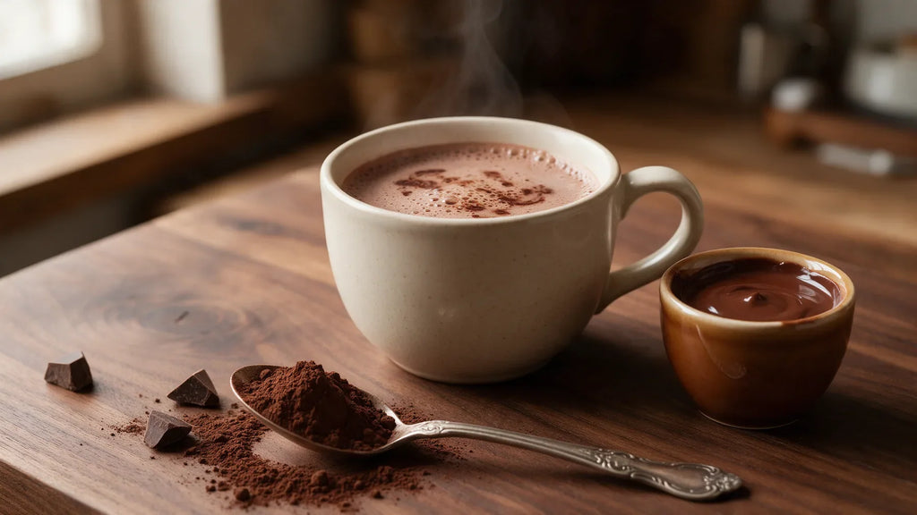 A cream mug of homemade hot cocoa beside a small cup of thick dark drinking chocolate and a silver spoon heaped with Dutch-process cocoa powder on a walnut table.