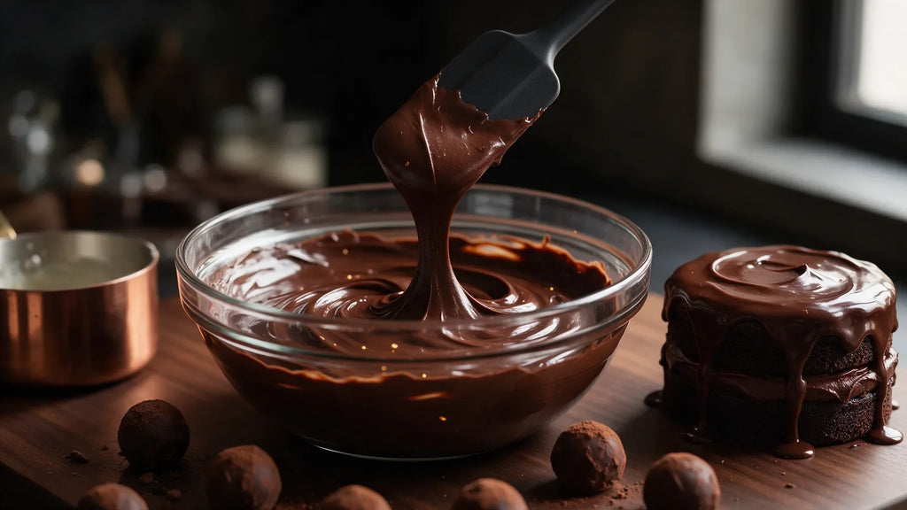 A spatula lifting a glossy ribbon of dark chocolate ganache over a glass bowl, next to a small ganache-glazed cake and cocoa-dusted truffles.