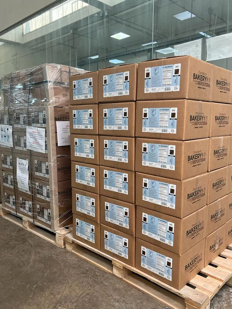 Palletized Franceschi cases stored in a warehouse
