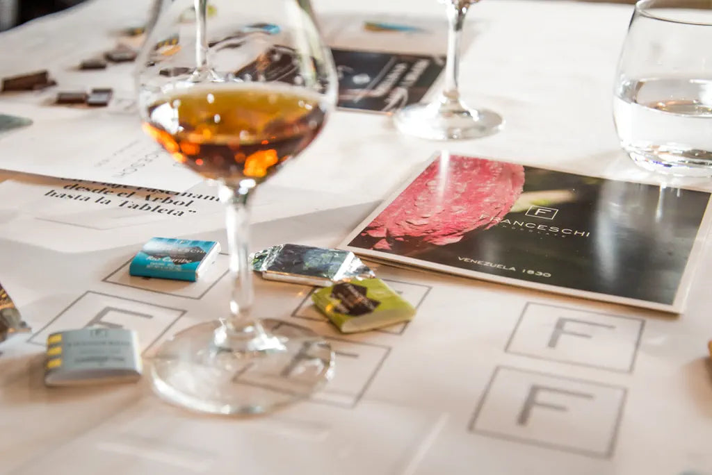 A guided chocolate tasting laid out with glasses
