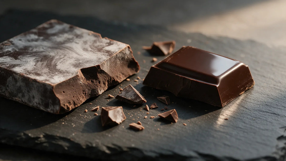 A slab of dark chocolate covered in gray-white fat bloom next to a glossy, well-tempered piece of dark chocolate on slate.