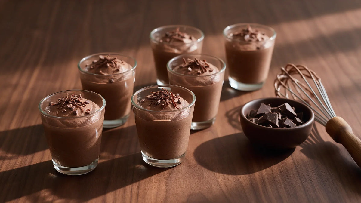 Six small glasses of dark chocolate mousse topped with chocolate shavings on a walnut table, with a bowl of dark chocolate pieces and a whisk.