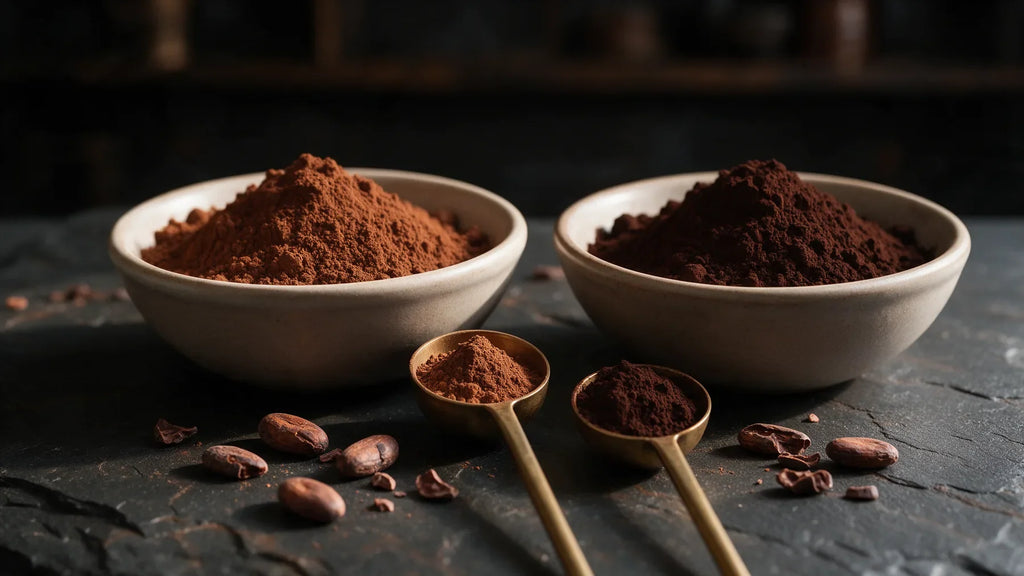 Two bowls of cocoa powder on dark slate: light reddish-brown natural cocoa on the left, deep dark-brown Dutch-process cocoa on the right, with brass measuring spoons and cacao beans.