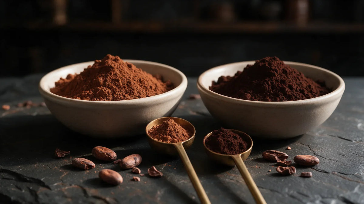 Two bowls of cocoa powder on dark slate: light reddish-brown natural cocoa on the left, deep dark-brown Dutch-process cocoa on the right, with brass measuring spoons and cacao beans.