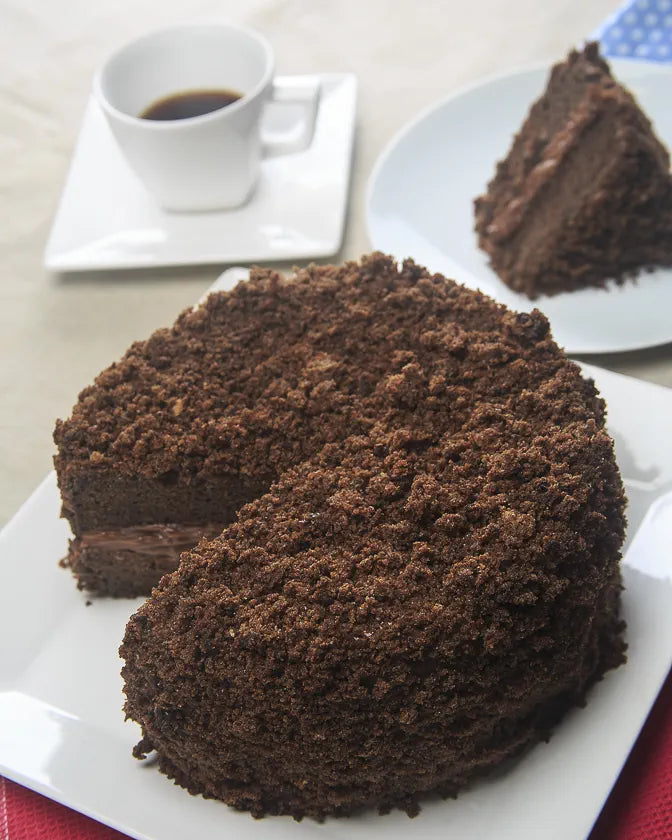Layered chocolate cake finished with crumb