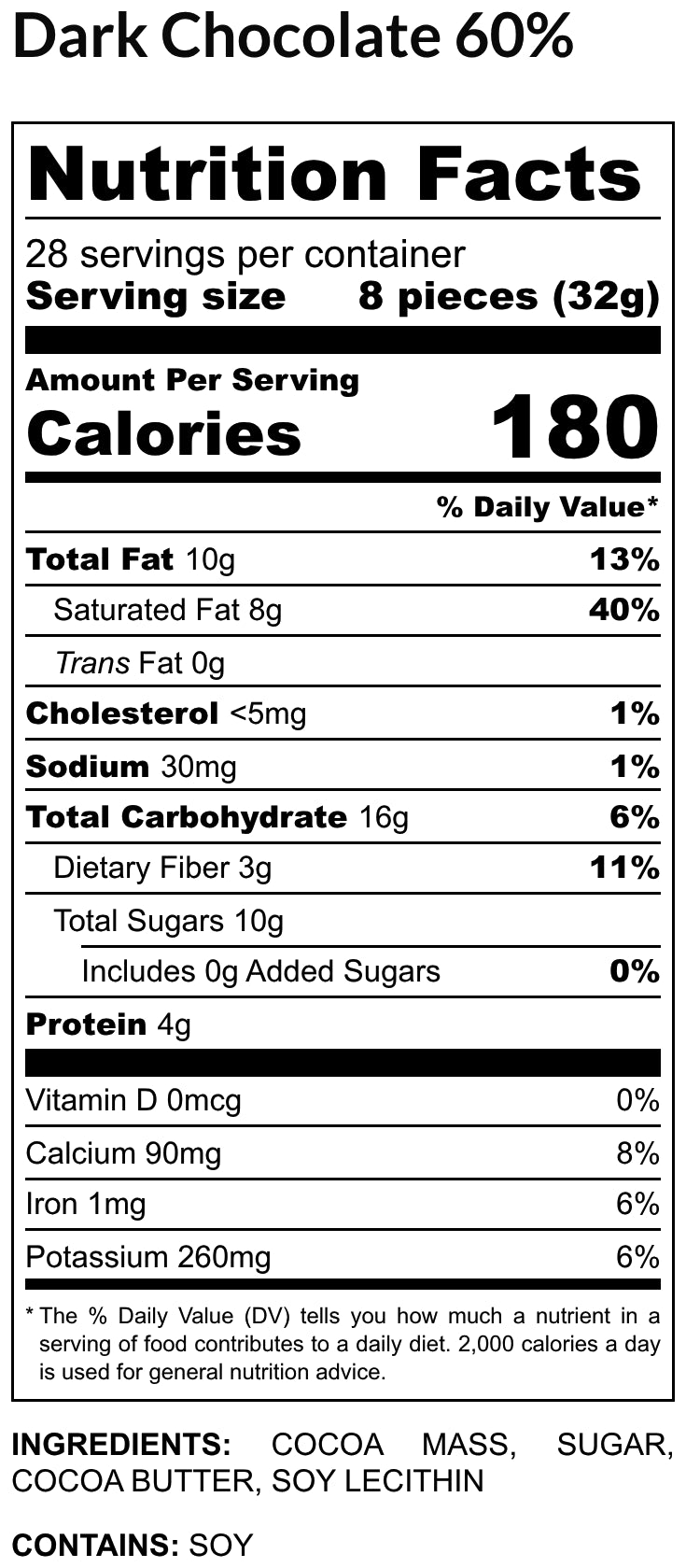 Nutrition Facts label for Dark Chocolate 60%: 28 servings per container, serving size 8 pieces (32 g), 180 calories per serving. Ingredients: Cocoa mass, sugar, cocoa butter, soy lecithin. Contains: Soy.