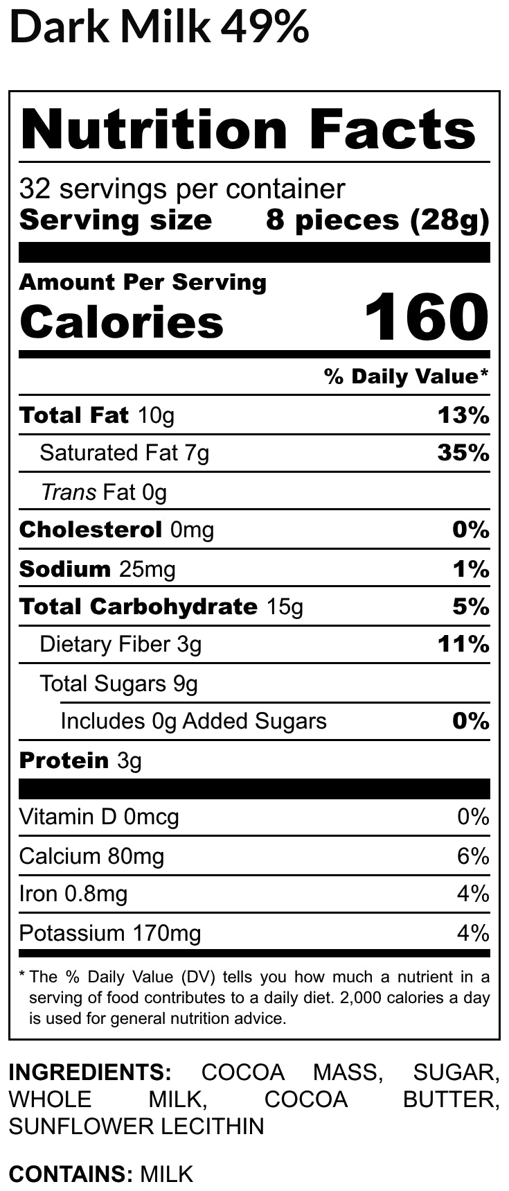Nutrition Facts label for Dark Milk Chocolate 49%: 32 servings per container, serving size 8 pieces (28 g), 160 calories per serving. Ingredients: Cocoa mass, sugar, whole milk, cocoa butter, sunflower lecithin. Contains: Milk.