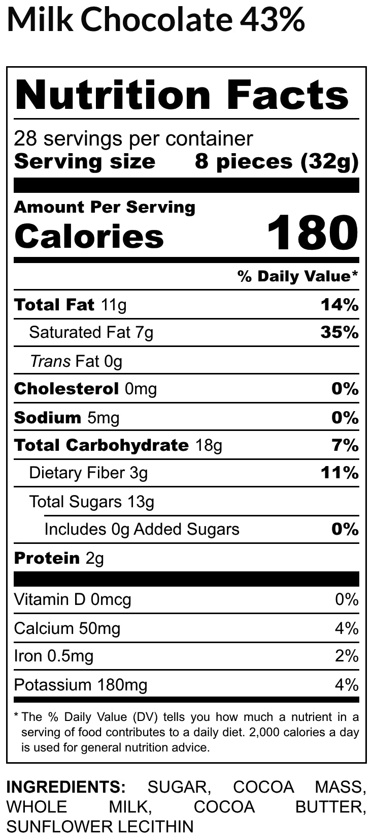 Etiqueta de información nutricional del Chocolate de Leche 43%: 28 porciones por envase, porción de 8 piezas (32 g), 180 calorías por porción. Ingredientes: azúcar, pasta de cacao, leche entera, manteca de cacao, lecitina de girasol.