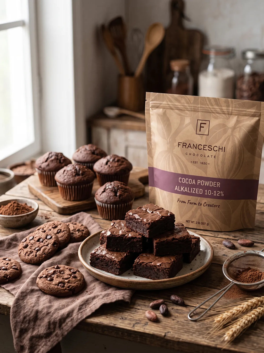 A bag of Franceschi Cocoa Powder in a home kitchen with brownies, muffins and cookies