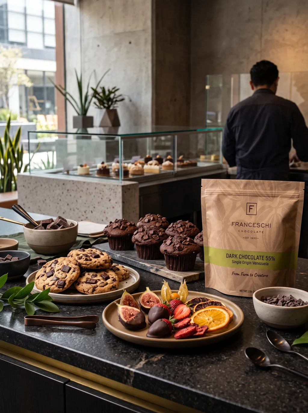 A bag of Franceschi Dark Chocolate 55% on a café counter with cookies, muffins and dried fruit