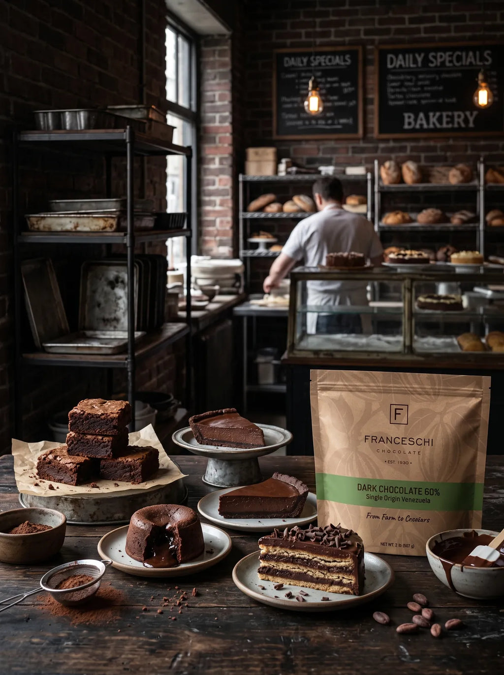 A bag of Franceschi Dark Chocolate 60% in a bakery with brownies, a molten cake and a layered chocolate cake