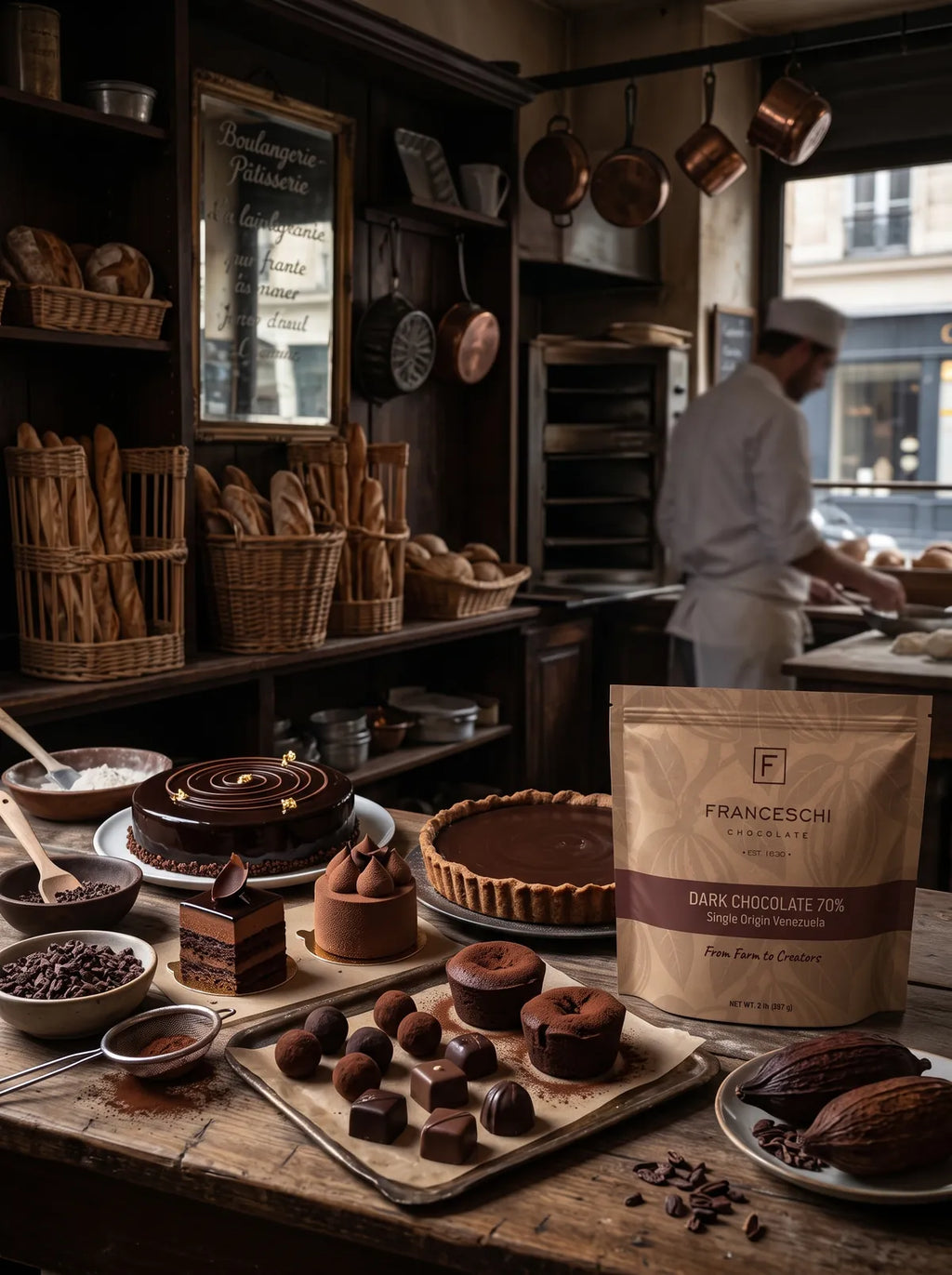 A bag of Franceschi Dark Chocolate 70% in a pastry kitchen with a chocolate tart, truffles and entremets