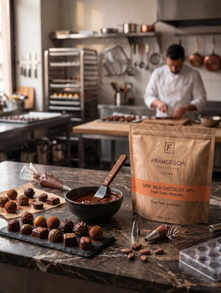 A bag of Franceschi Dark Milk Chocolate 49% on a marble pastry bench beside bonbons, truffles and a bowl of melted chocolate, with a pastry chef at work behind