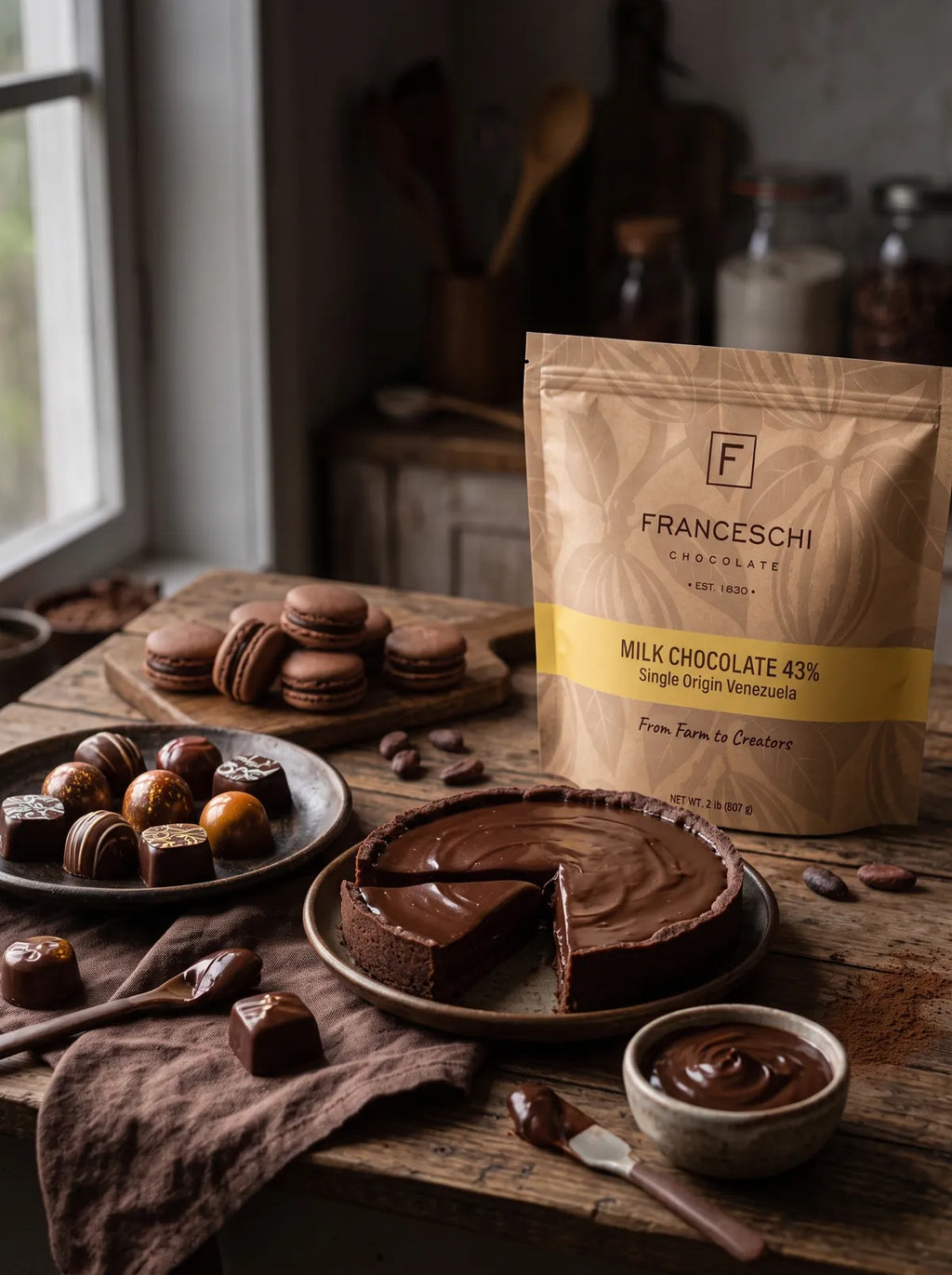 A bag of Franceschi Milk Chocolate 43% on a rustic kitchen table with bonbons, macarons and a chocolate tart