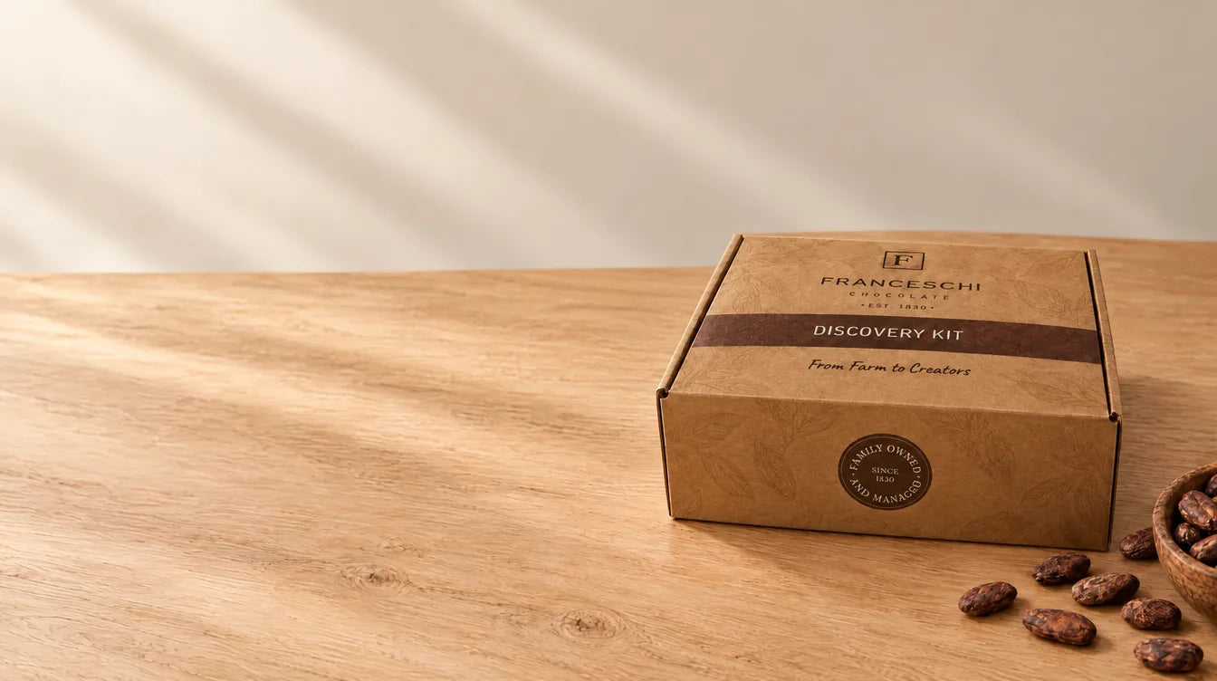 The Franceschi Discovery Kit box, closed, on an oak table with roasted cacao beans